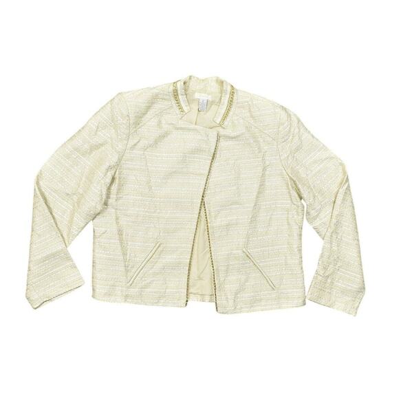 Chico's Size 2 Plus Brown Blazer Polyester Jacket Open Front Lined Gold Accents - Picture 1 of 8